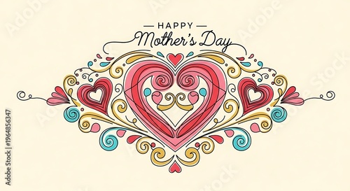 Elegant hand-drawn Mother's Day heart illustration with floral swirls and festive banner