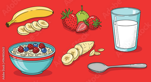 A vibrant cartoon illustration of a bowl of oatmeal with berries and nuts, evoking a sense of warmth and comfort.