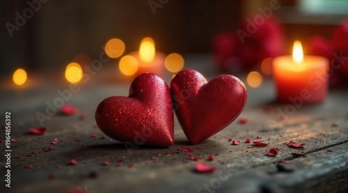 Romantic Red Hearts Adorned with Candlelight and Petals on Rustic Wood