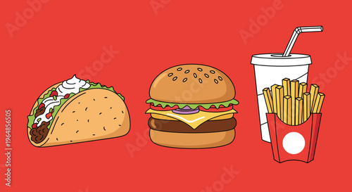 A colorful and playful taco illustration on a red background, evoking a sense of fun and casual dining.