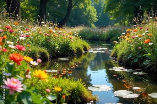 Serene Springtime Oasis A Picturesque Stream Meandering Through Vibrant Wildflowers and Lush Greenery, Reflecting the Sunny Sky