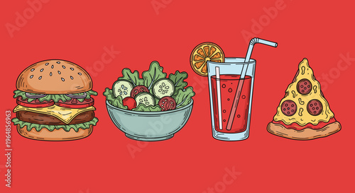 A vibrant illustration of a cheeseburger on a red background, perfect for menu design or food advertising with a playful mood.