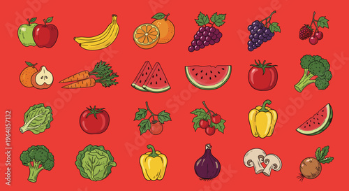 Vibrant illustration of broccoli and lettuce on a red background, perfect for healthy food marketing materials or recipes.