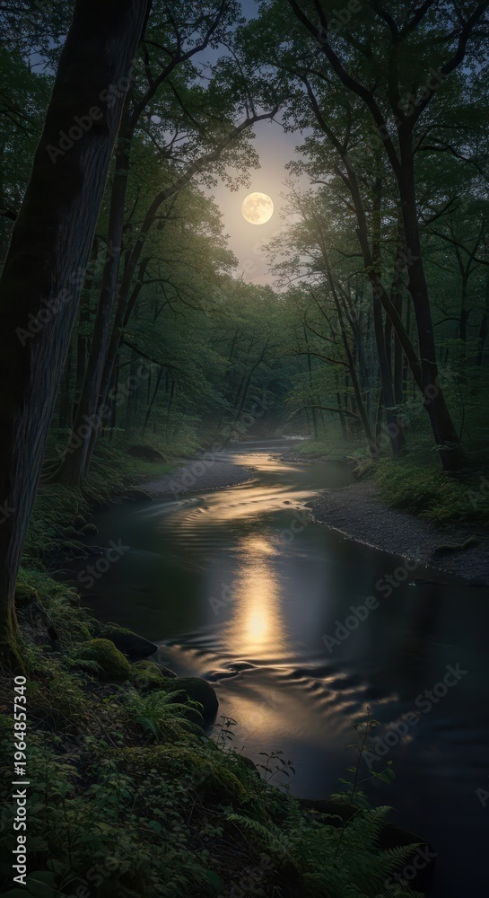 Obraz premium Bright orb illuminates winding stream flowing through dense, shadowed woodland at night