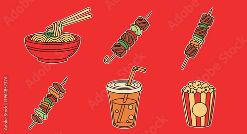 A vibrant illustration of a kebab skewer with various colorful ingredients on a red background, evoking a sense of appetite and culinary joy.