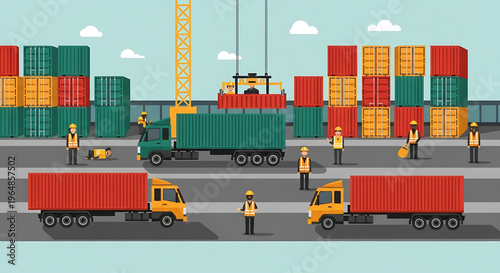 Shipping Containers Being Loaded onto Trucks at a Busy Port by Cranes and Workers