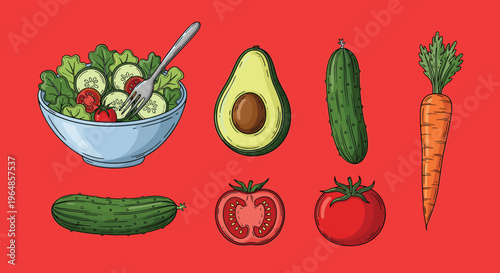 A cartoon cucumber in a bowl on a red background, evoking a sense of healthy eating and freshness.