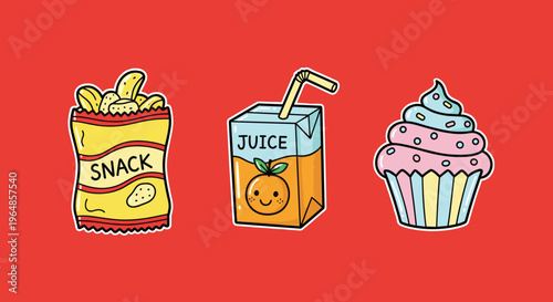 Vibrant illustration of a snack package on a solid red background, conveying a playful and eye-catching mood for marketing or advertising use.
