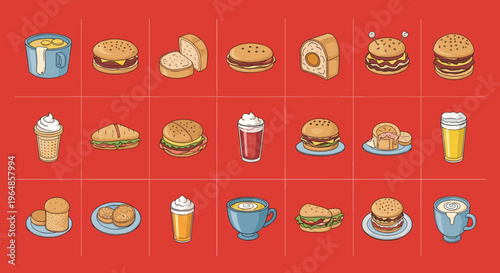 A colorful illustration of fast food items on a red background, conveying a sense of convenience and casual dining.