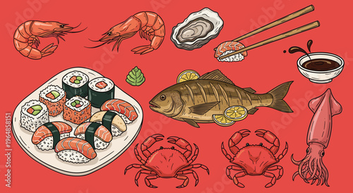 A vibrant illustration of sushi rolls and nigiri on a plate, perfect for culinary promotions or food blogs.