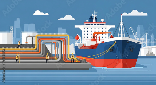 Industrial shipping port with a large oil tanker docked for cargo transfer via pipelines