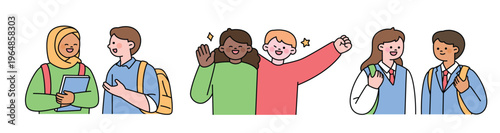Two students of different races are greeting each other warmly. Cute character with a round face. Upper body illustration.