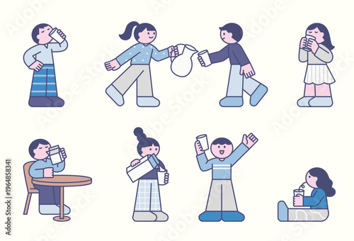 People are drinking milk. Cute character with a round face, featuring a design and geometric shape.