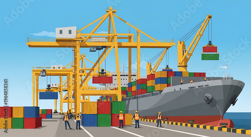 Cargo port operations showcasing global trade and maritime logistics a container ship being loaded by gantry cranes with workers overseeing the process