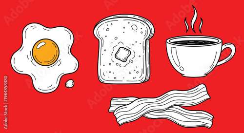 A stylized illustration of a fried egg on a red background, conveying a sense of breakfast or food in a playful, graphic style.