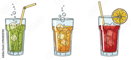 Illustration of a refreshing glass of green drink with ice cubes on a white background, perfect for marketing and advertising materials.
