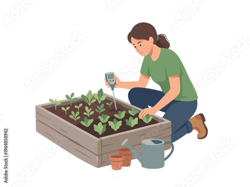Woman checking soil moisture in raised garden bed.