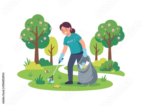 Woman cleaning park litter with trash bag.