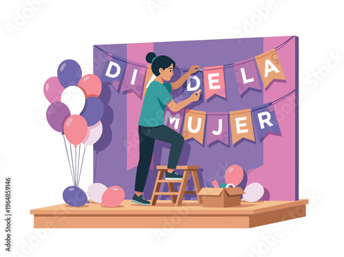 Woman Decorating Stage for International Womens Day Celebration.