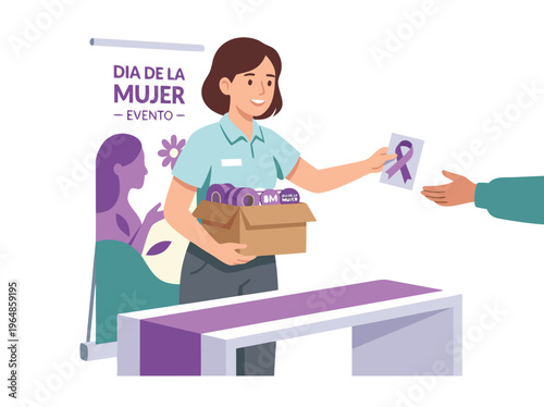 Woman distributing items at International Womens Day event.