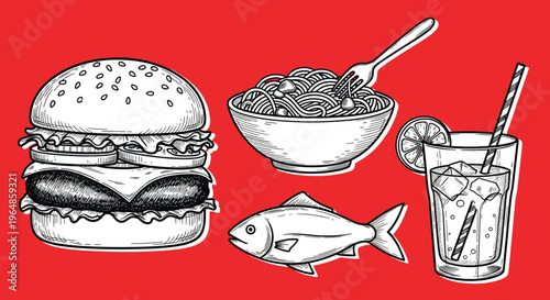 A stylized illustration of a burger on a red background, conveying a sense of food and appetite in a modern style.