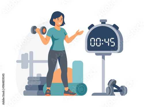 Woman exercising with dumbbells and timer in gym.