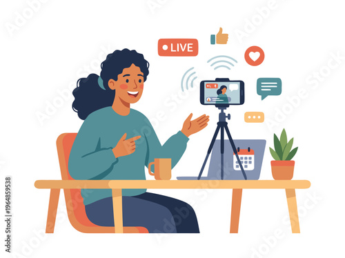 Woman live streaming on social media with phone and laptop.