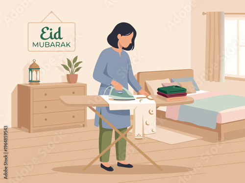 Woman ironing clothes in bedroom with Eid Mubarak decoration.