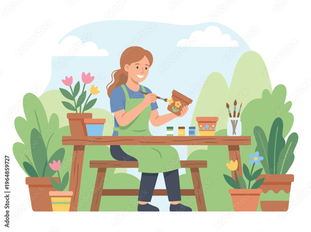 Fototapeta premium Woman Painting a Flower Pot Outdoors.