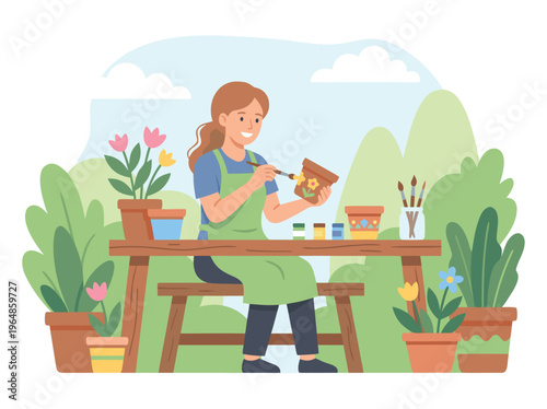 Woman Painting a Flower Pot Outdoors.
