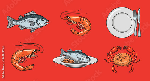 A vibrant illustration of a shrimp on a red background, conveying a sense of playfulness and creativity, perfect for food, restaurant, or advertising 