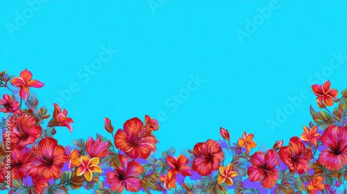 Vibrant Floral Design with Tropical Flowers on a Bright Blue Background for Summer Themes and Celebrations