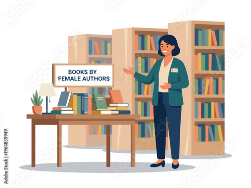Woman presenting books by female authors in a library setting.
