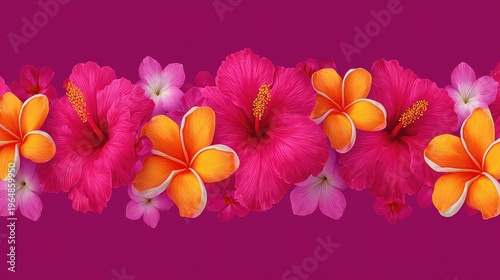 Vibrant Floral Background with Pink and Orange Hibiscus and Plumeria on Purple Backdrop for Summer Theme or Tropical Design