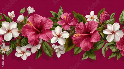 Vibrant Floral Arrangement with Pink and White Hibiscus on Burgundy Background