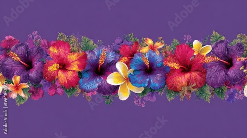 Vibrant Floral Arrangement Featuring Colorful Hibiscus and Tropical Flowers on Purple Background