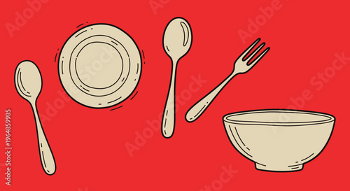 A simple illustration of a spoon on a red background, evoking a sense of minimalism and modern design.