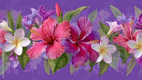 Vibrant Floral Arrangement with Hibiscus, Lilies, and Plumeria on Purple Background