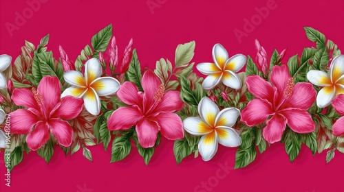 Vibrant Floral Design Featuring Colorful Hibiscus and Plumeria Blooms on Bold Pink Background