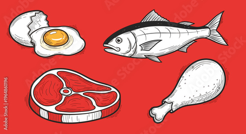 A stylized illustration of a steak on a red background, conveying a sense of appetite and culinary delight.