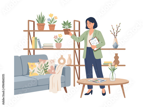Woman tending to houseplants in a cozy living room.