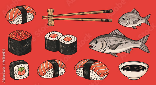 A colorful illustration of sushi rolls on a vibrant red background, perfect for food blogs or restaurant promotions.
