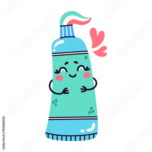 Toothpaste vector illustration. A cute tube of menthol paste for oral hygiene, gum disease prevention. A funny smiling character, symbol of healthy teeth. Hand drawn cartoon clip art, dental care