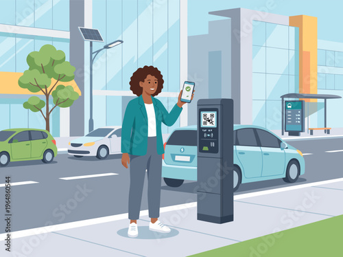 Woman using smartphone to pay for parking at smart city meter.