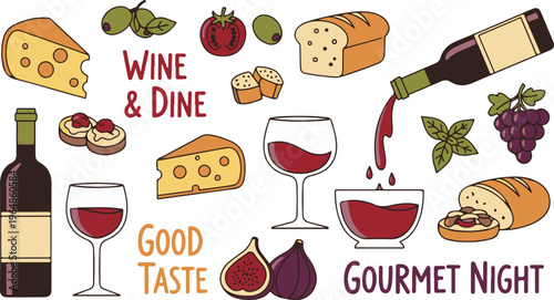 Wine Dine Gourmet Dinner Food, Illustration Cartoon Collection