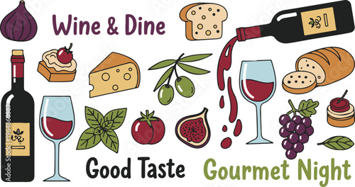 Wine Dine Gourmet Dinner Food, Illustration Cartoon Collection