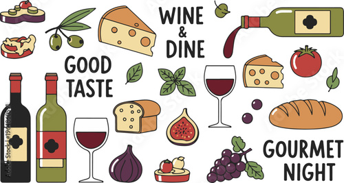 Wine Dine Gourmet Dinner Food, Illustration Cartoon Collection