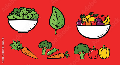 A colorful and playful illustration of a carrot with green leaves on a red background, conveying freshness and health.