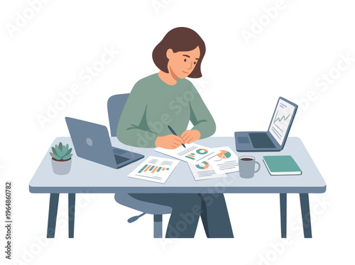 Woman working at a desk with laptops and papers.