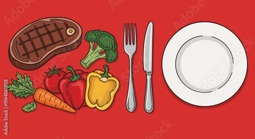 A colorful cartoon illustration of a carrot and tomato on a red background, evoking a sense of freshness and health.